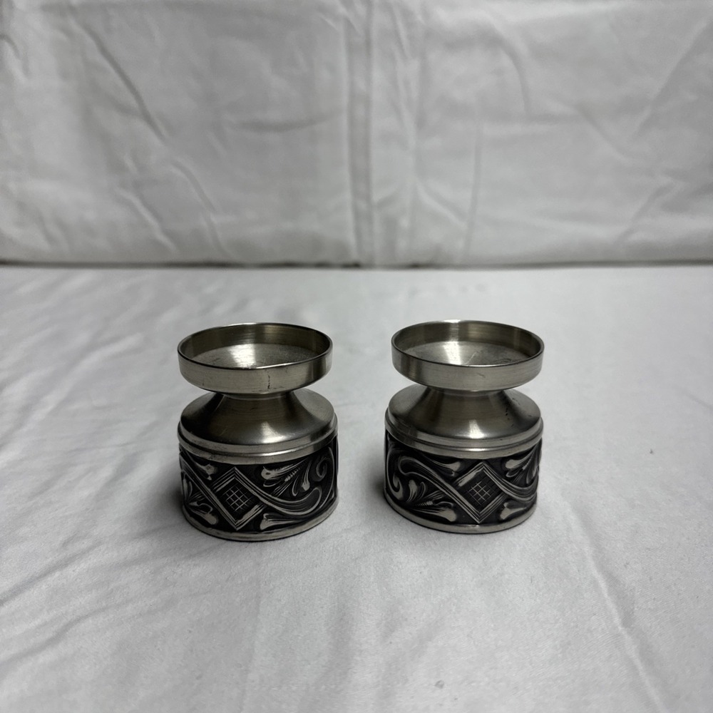 Selandia Norway Pewter Rosemaling Taper Candle Holder Set Scrolls Norwegian